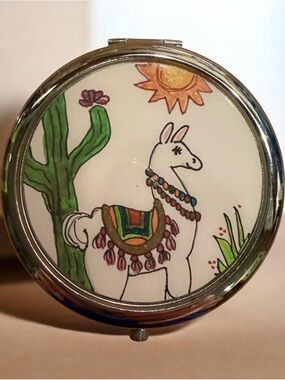 White Llama Illustrated Compact Mirror with Colorful Accents